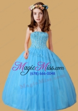 Blue Ball Gown Ruching Beading Little Girl Pageant Dress