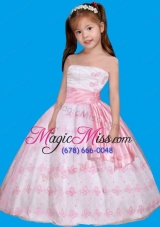 Strapless Embroidery Little Girl Pageant Dress in White and Pink