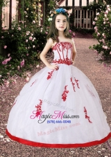 White and Red Little Girl Pageant Dress with Appliques