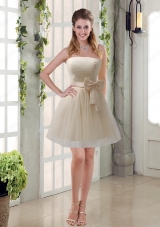 Simple Ruching Strapless Princess  Bridesmaid Dress with Bowknot