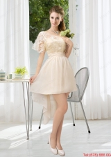 Lace High Low Short Sleeves Dama Dress with One Shoulder