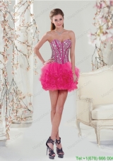 Trendy Beading and Ruffles Hot Pink Dama Dress for 2015