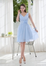 V Neck Chiffon Prom Dresses with Ruching and Hand Made Flowers
