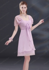 A Line Square Ruhing Mother of the Bride Dresses with Cap Sleeves