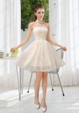 Halter Appliques Lace Up Prom Dresses in Champagne