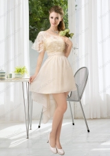 Lace High Low Short Sleeves Prom Dresses with One Shoulder