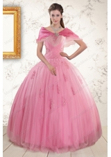 2015 Pretty Pink Quinceaneras Dresses with Appliques and Beading