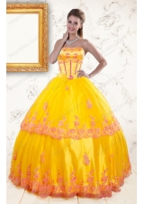 2015 New Style Strapless Gold Quinceanera Dresses with Appliques