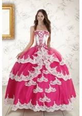 2015 New Style Hot Pink Strapless Quinceanera Dresses with Appliques