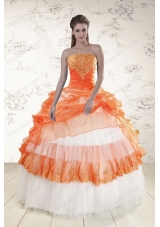 2015 Perfect Strapless Appliques and Beaded Quinceanera Dresses in Orange
