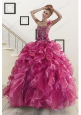 Unique Beading One Shoulder Sweet 16 Dresses in Fuchsia