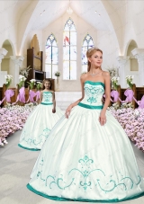 2015 Modest White and Turquoise Princesita Dress with Embroidery
