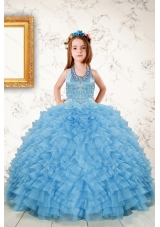 Fashionable Beading and Ruffles Little Girl Dress in Aqua Blue
