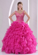 Detachable New Style Hot Pink Quince Dresses with Beading and Ruffles for 2015