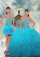 2015 New Style and Detachable Spring Luxurious Beading and Ruffles Turquoise Dresses For Quince