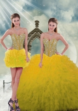 2015 Spring Yellow Quinceanera Ball Gowns with Beading and Ruffles