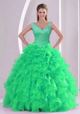2015 Unique Spring Green  Quinceanera Ball Gowns with Beading and Ruffles