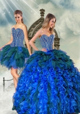 2015 Detachable Beading and Ruffles Unique Quinceanera Dresses in Royal Blue and Teal