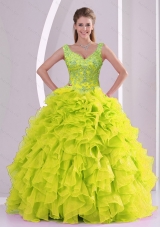 Trendy Beading and Ruffles Yellow Green Vestidos de Quinceanera for 2015