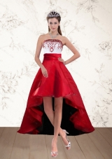 Pretty White And Wine Red High Low Strapless Prom Dresses with Embroidery