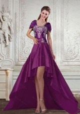 Dark Purple High Low Strapless Embroidery Prom Dresses for 2015 Spring