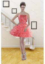 Ruffled Watermelon Red Strapless 2015 Prom Gown with Beading