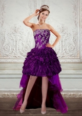 Dark Purple Strapless Prom Dresses with Embroidery and Ruffles