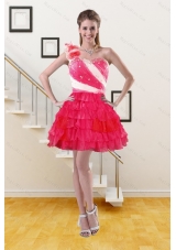 2015  One Shoulder Prom Gown with Ruffled Layers and Hand Made Flower