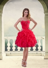 2015 Ball Gown Strapless Red 2015 Prom Dresses with Ruffles and Beading