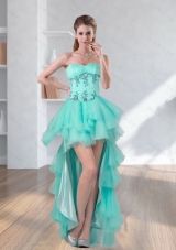 High Low Turquoise Sweetheart Prom Dresses with Embroidery
