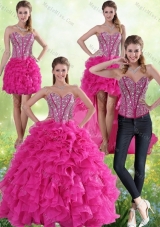 2015 Hot Pink Sweetheart Quinceanera Gown with Beading and Ruffles
