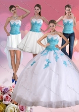 2015 Beautiful Strapless Beading and Appliques Quinceanera Dress in White and Blue
