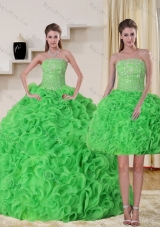 Pretty and Detachable Strapless Spring Green Quince Dress with Beading and Ruffles