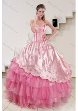 Strapless Pink 2015 Cute Quinceanera Dresses with Embroidery and Ruffles