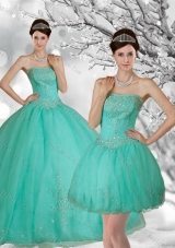 New Style Apple Green Strapless Quince Dress with Appliques and Beading for 2015
