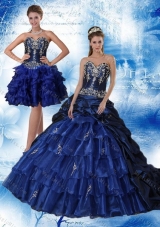 Navy Blue Sweetheart Sweet Fifteen Dresses with Ruffles and Embroidery