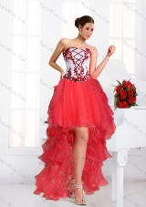 Beautiful and and Detachable Strapless Red Quinceanera Dresses with Appliques and Pick Ups for 2015