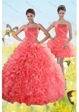 2015 Detachable Watermelon Red Strapless Quince Dresses with Beading and Ruffles