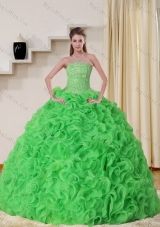 Cheap Strapless Spring Green Quinceanera Dress with Beading and Ruffles