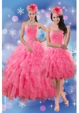 Pretty  and Detachable Rose Pink Quince Dresses with Ruffles and Beading for 2015