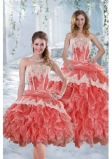 2015 New Style Strapless Appliques and Ruffles Sweet Fifteen Dresses in Watermelon Red