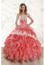 2015 Watermelon Strapless Quince Dresses with Appliques and Ruffles