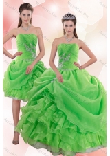 Elegant and Detachable 2015 Pick Ups and Beading Quince Gowns in Spring Green
