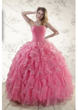 2015 Elegant Rose Pink Quince Dresses with Paillette and Ruffles