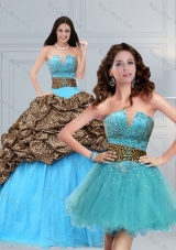 2015 Detachable Leopard Printed Baby Blue Brush Train Beading Quinceanera Dress