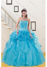 2015 Beautiful Teal Quince Gown with Embroidery and Pick Ups