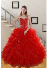 Gorgeous 2015 Sweetheart Red Quince Gowns with Beading and Ruffles