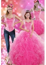 Decent Hot Pink 2015 Sweet Fifteen Dresses with Beading and Ruffles