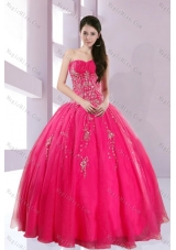 2015 Fshionable Strapless Hot Pink Quince Dresses with Appliques