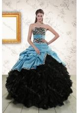 2015 Zebra Print Multi Color Strapless Quinceanera Dresses with Ruffles and Pick Ups